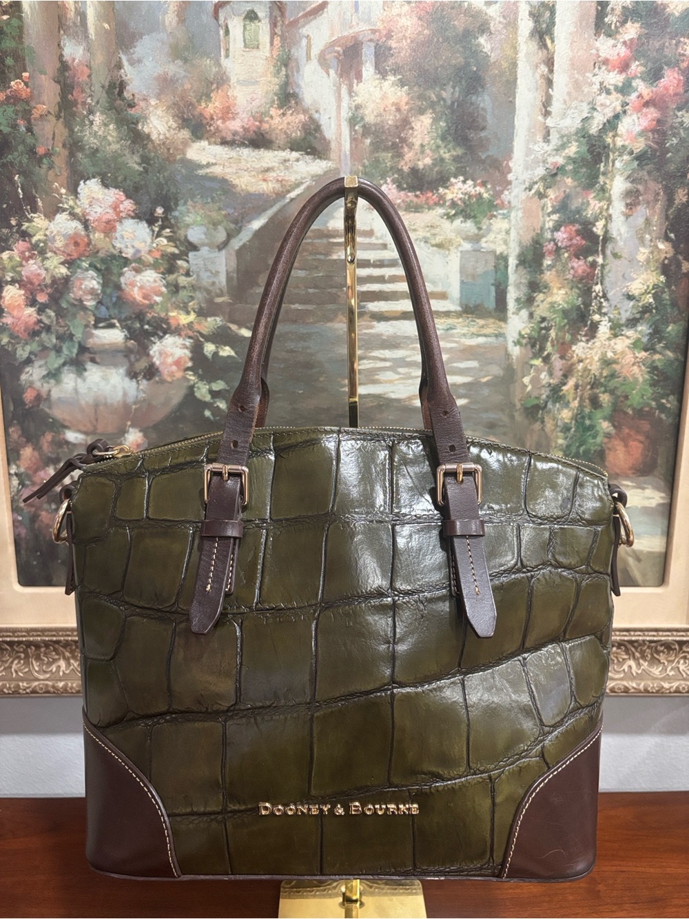 Dooney & Bourke Olive Croc-Embossed Leather Sachet with Brown Trim